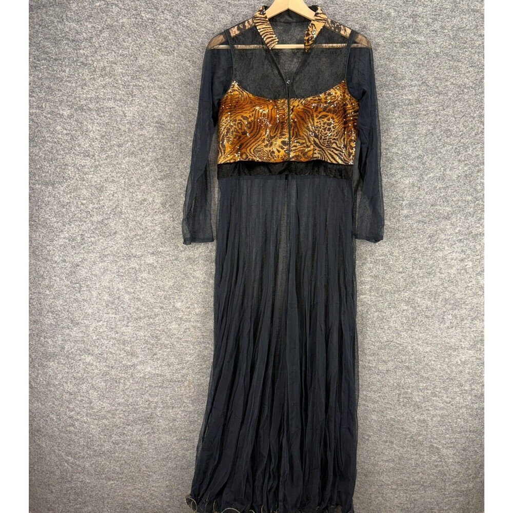 Unbranded Dress Women M Medium Black Animal Print Maxi Long Sheer V-Neck Seuqin